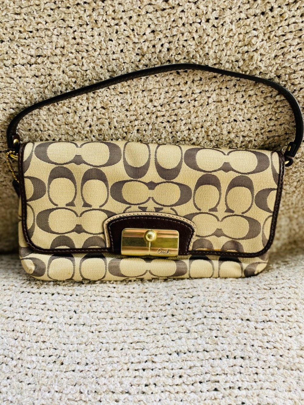 Coach Beige and Brown Signature Turnlock Shoulder Bag